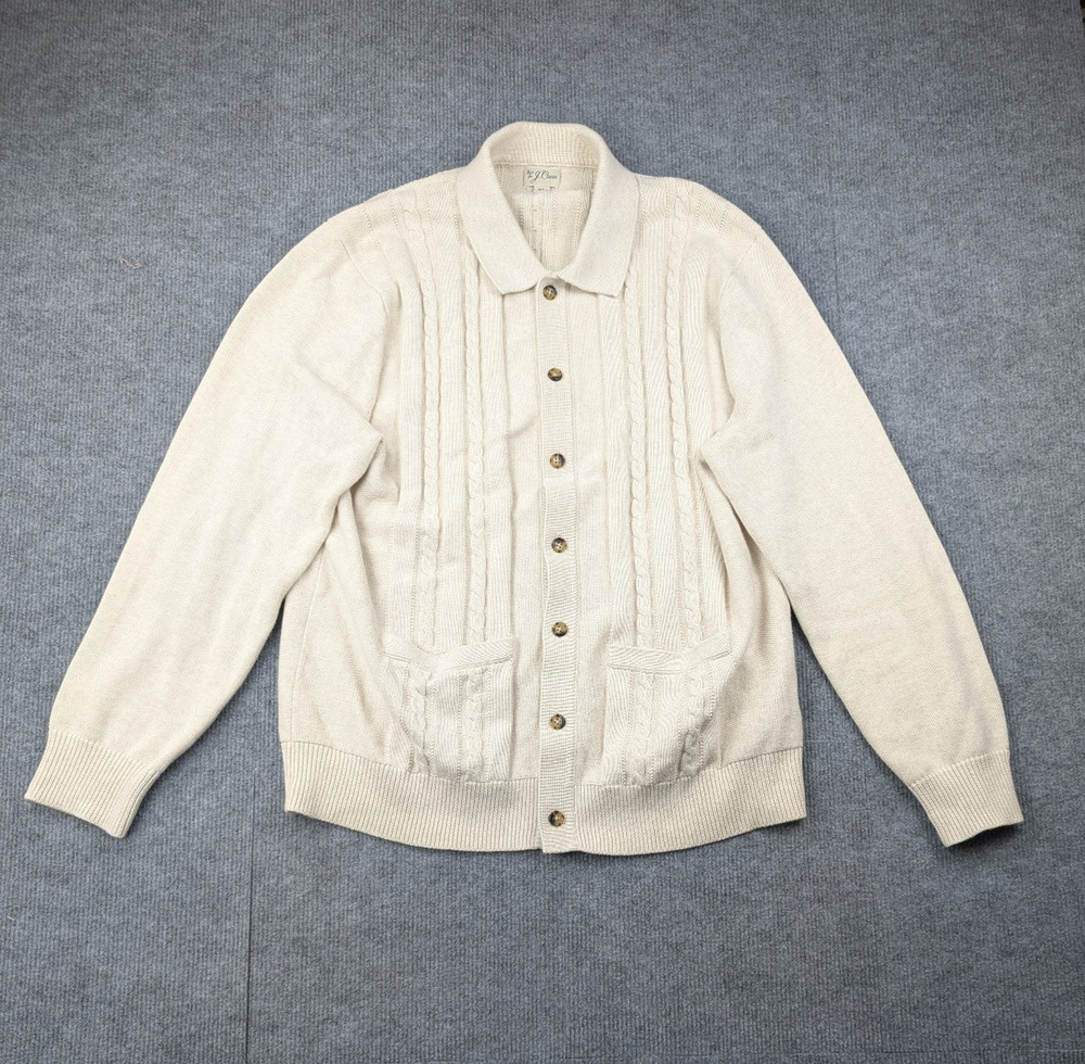 J Crew Cable Knit Cardigan Mens XL Old Money Fisherman Chunky Quiet Luxury Cream